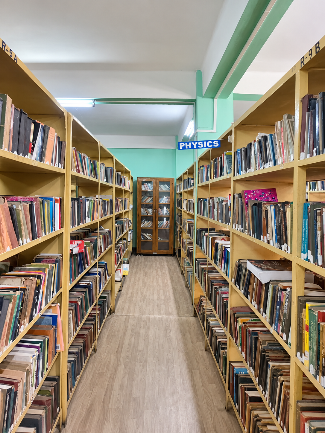 Books arranged along library shelves